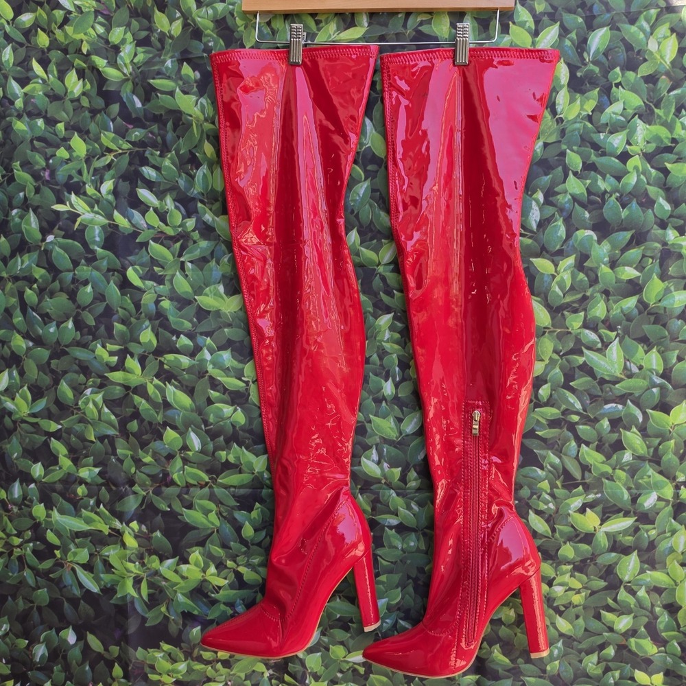 Red Patent Thigh High Boots Womens 9.5 EU 40 Stiletto Heel Over Knee